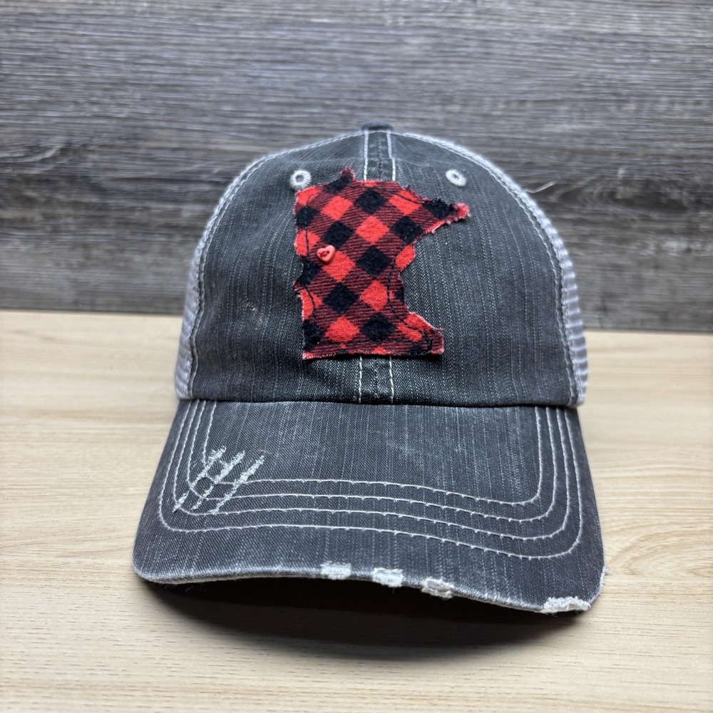 Detroit Lakes Hat Cap Strap Back Womens Gray Trucker Mesh Plaid Minnesota